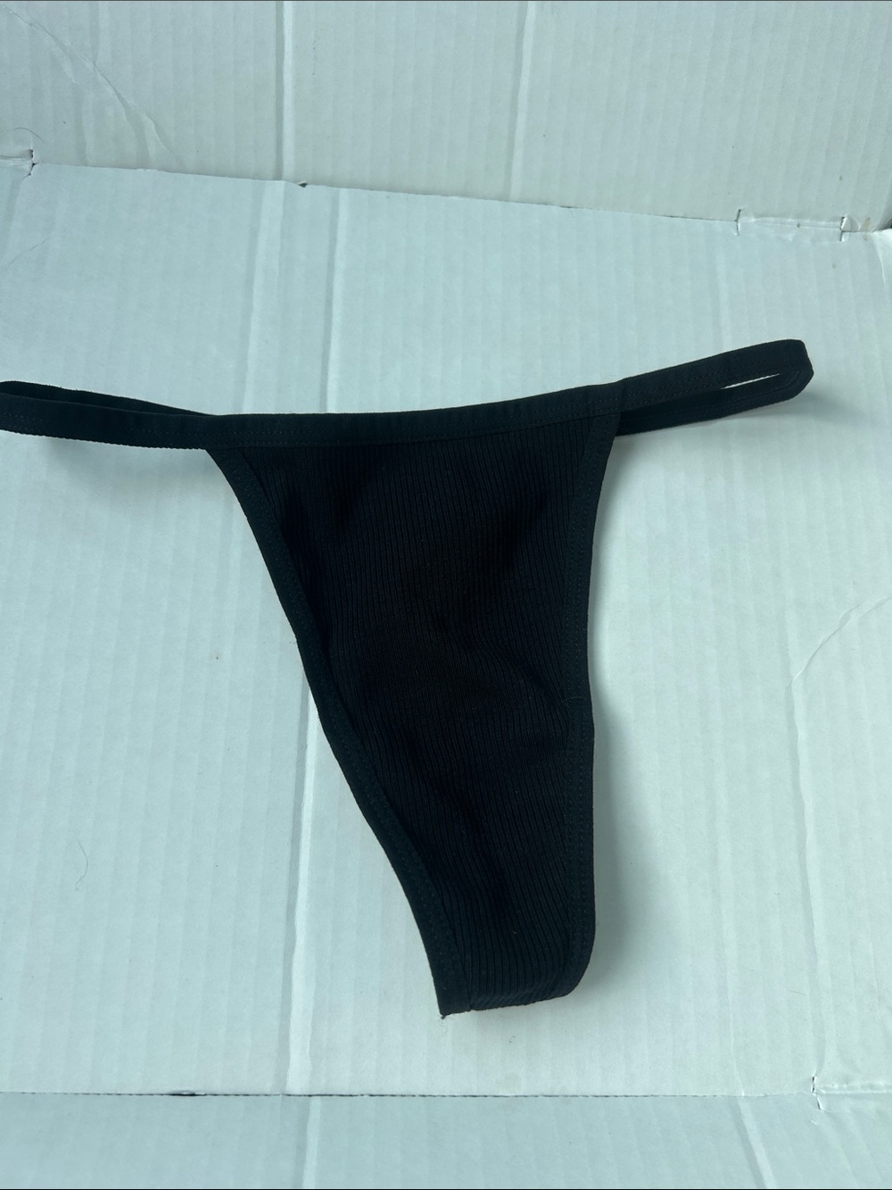 For bundles only - Black Ribbed Cotton-Blend Thong Panty - XS
